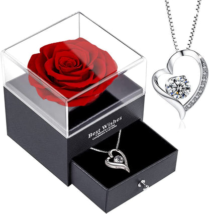 Forever Red Rose Gift Box with Necklace - Real Eternal Rose with 925 Sterling Silver Women Necklace Inside,Enchanted Real Rose Flower for Valentine'S Day Anniversary Wedding Romantic Gifts for Her.