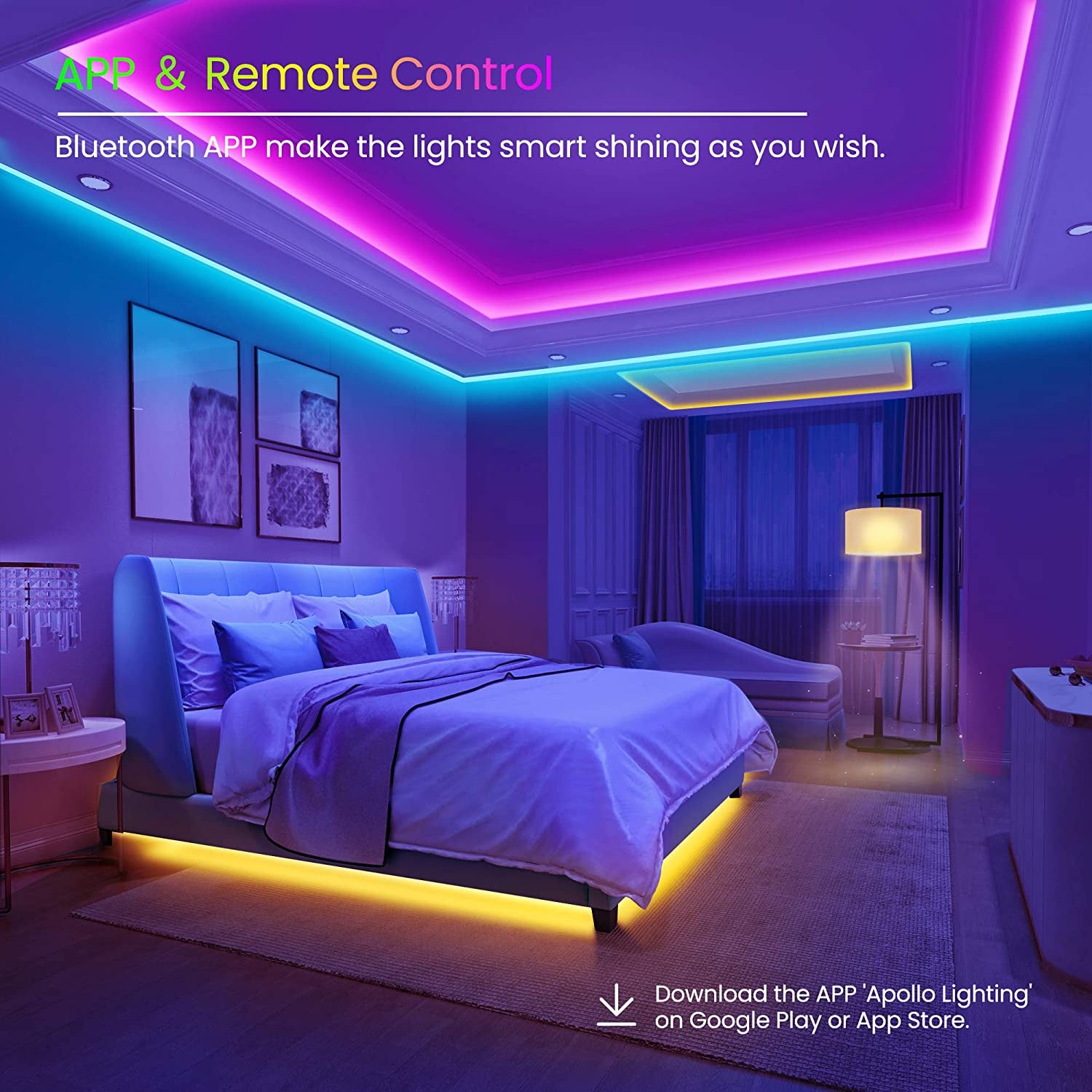 GUPUP 50 FT LED Strip Lights,Bluetooth LED Lighting for Bedroom, Color Changing Light Strip with Music Sync, Phone Controller and IR Remote(App+Remote +Mic)