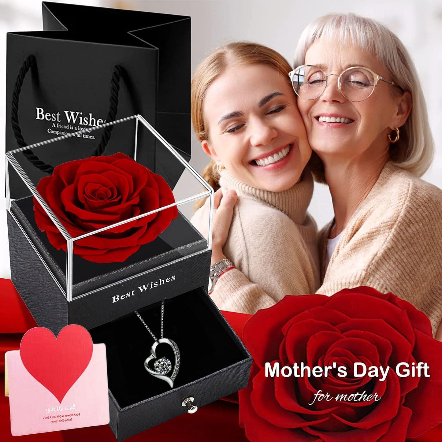 Forever Red Rose Gift Box with Necklace - Real Eternal Rose with 925 Sterling Silver Women Necklace Inside,Enchanted Real Rose Flower for Valentine'S Day Anniversary Wedding Romantic Gifts for Her.