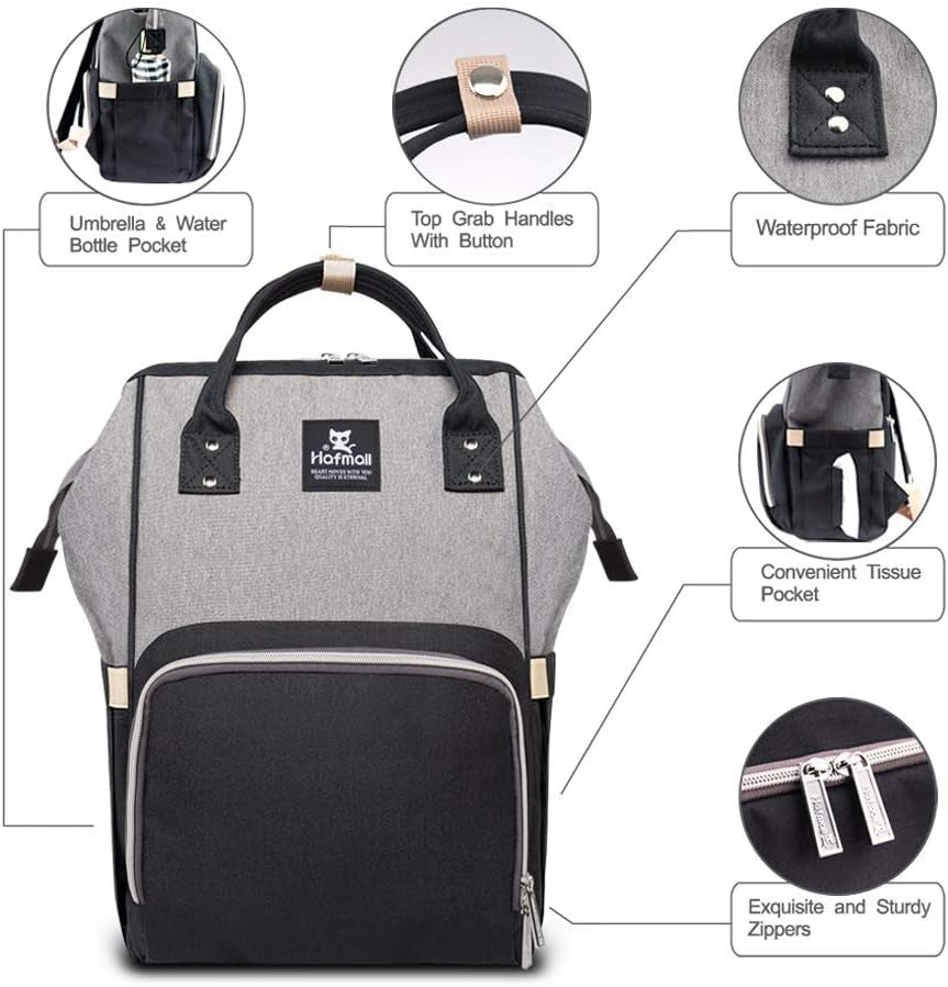 Hafmall Diaper Bag Backpack, Multifunctional Baby Diaper Bag with Stroller Hooks, Stylish Baby Bag for Mom Dad, Gray Black