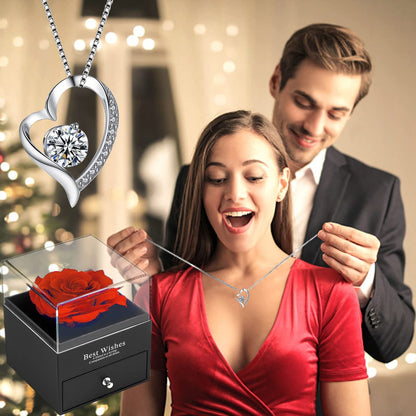Forever Red Rose Gift Box with Necklace - Real Eternal Rose with 925 Sterling Silver Women Necklace Inside,Enchanted Real Rose Flower for Valentine'S Day Anniversary Wedding Romantic Gifts for Her.